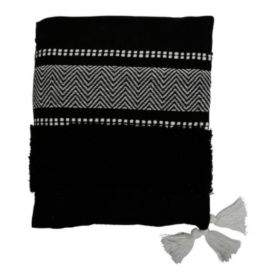 Plaid coton à pompons - Noir et Blanc - 170 x 130 cm
